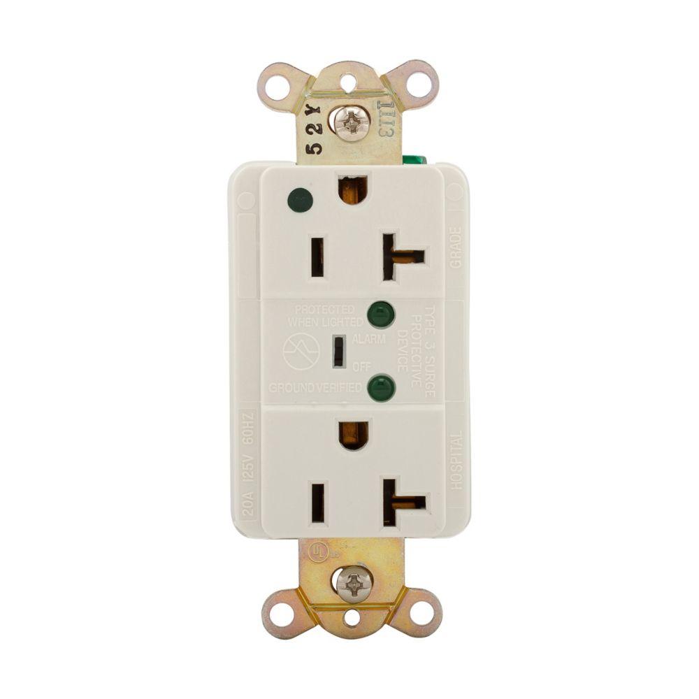 Recp HG IG TVSS 20A125V2P3W Led&Alarm WH