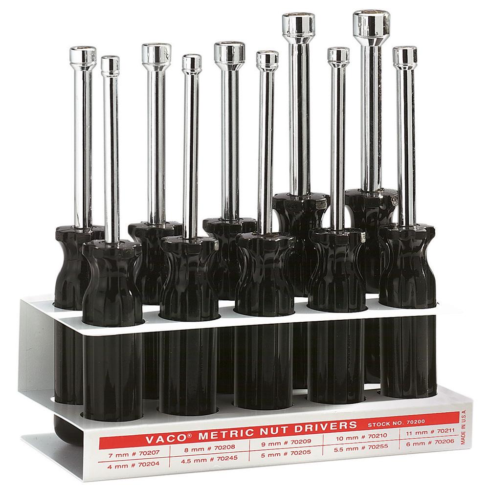 Metric Nut Drivers, 3&#34; Shafts 10 Pc
