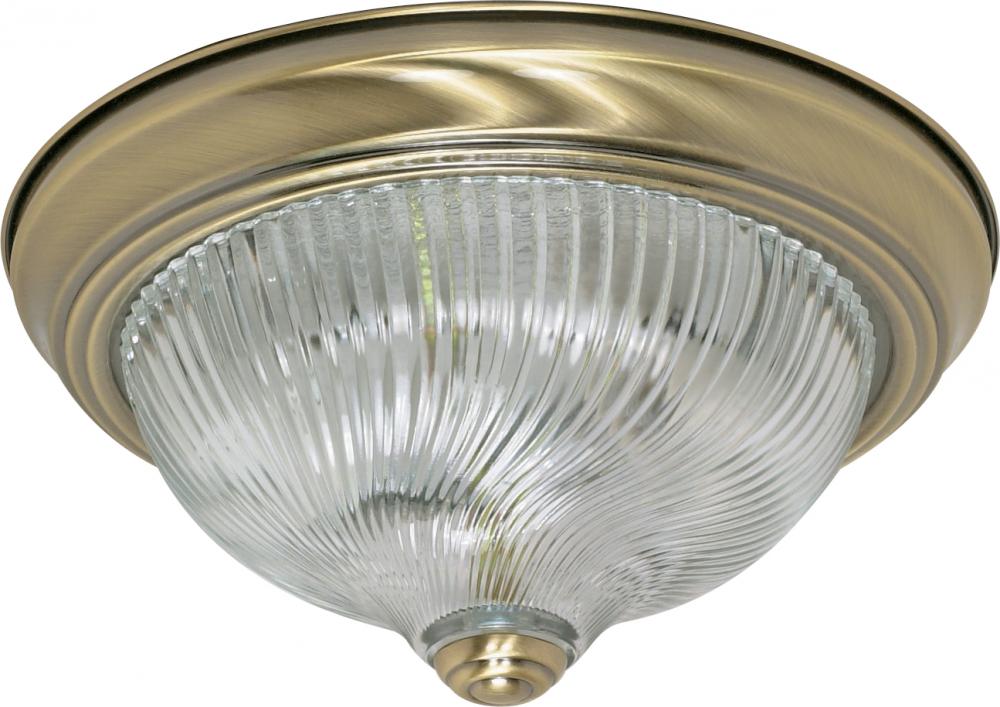 2-Light 11&#34; Flush Light Fixture in Antique Brass Finish with Clear Swirl Glass