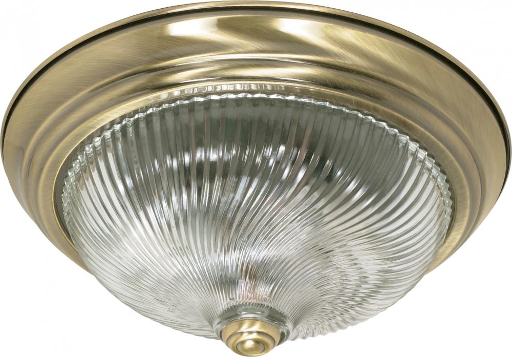 2-Light 13&#34; Flush Light Fixture in Antique Brass Finish with Clear Swirl Glass