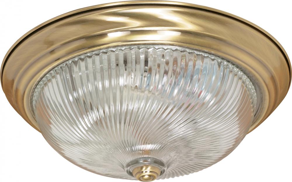 3-Light 15&#34; Flush Light Fixture in Antique Brass Finish with Clear Swirl Glass