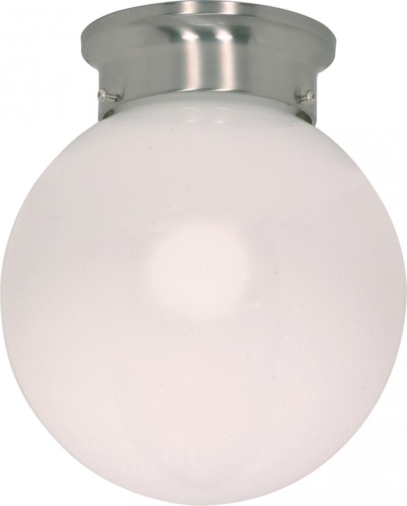 1-Light 8&#34; Ball Ceiling Light in Brushed Nickel Finish with White Glass