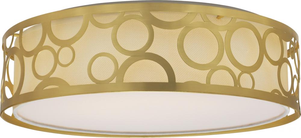 LED Decor - 15&#34; Filigree Flush with White Fabric Shade - Natural Brass Finish