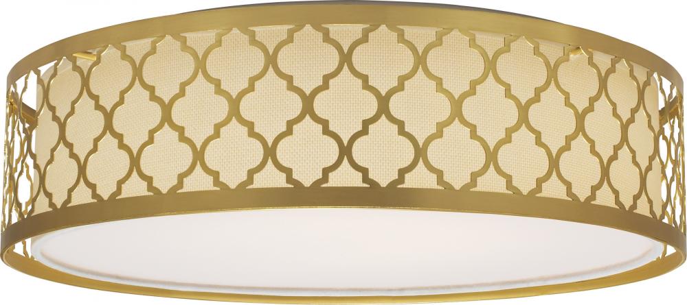 LED Decor - 15&#34; Filigree Flush with White Fabric Shade - Natural Brass Finish
