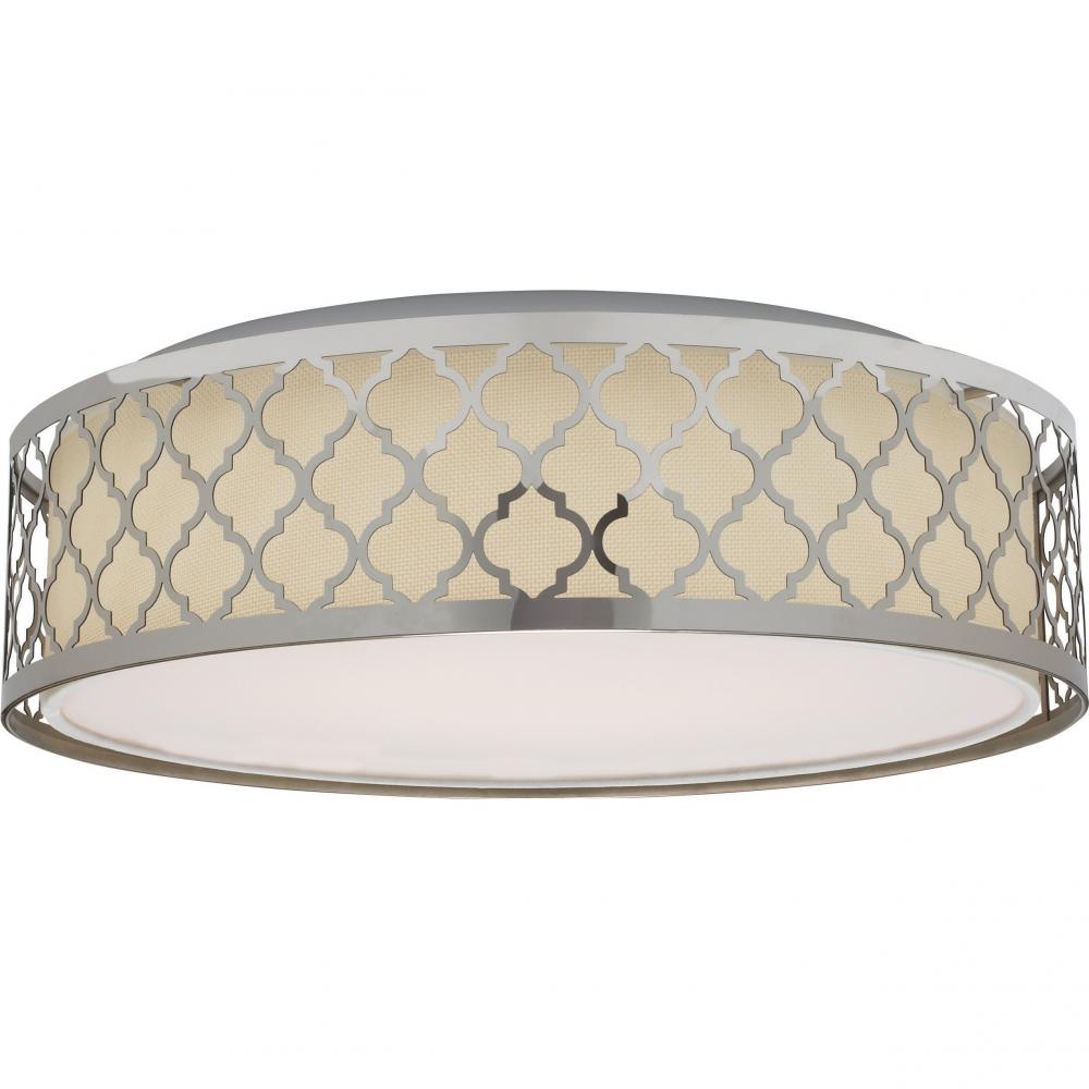 15&#34; Filigree LED Decor Flush Mount Fixture - Polished Nickel Finish - White Fabric Shade