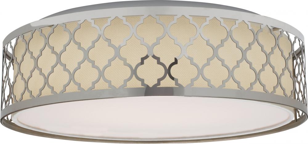 LED Decor - 15&#34; Filigree Flush with White Fabric Shade - Polished Nickel Finish