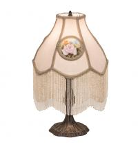 Meyda White 18092 - 20&#34;H Reverse Painted Roses Fabric with Fringe Table Lamp