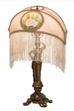 Meyda White 189219 - 20&#34;H Reverse Painted Roses Fabric with Fringe Table Lamp