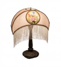 Meyda White 201865 - 21&#34; High Reverse Painted Roses Fabric with Fringe Table Lamp