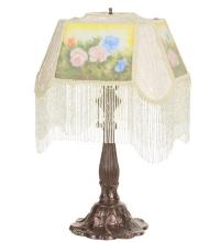 Meyda White 20286 - 24&#34; High Reverse Painted Roses Fabric with Fringe Accent Lamp