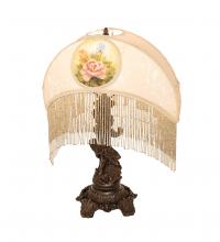 Meyda White 254237 - 23&#34; High Reverse Painted Roses Fabric with Fringe Table Lamp